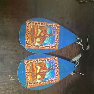 Blue Teardrop Earrings with Animal Print
